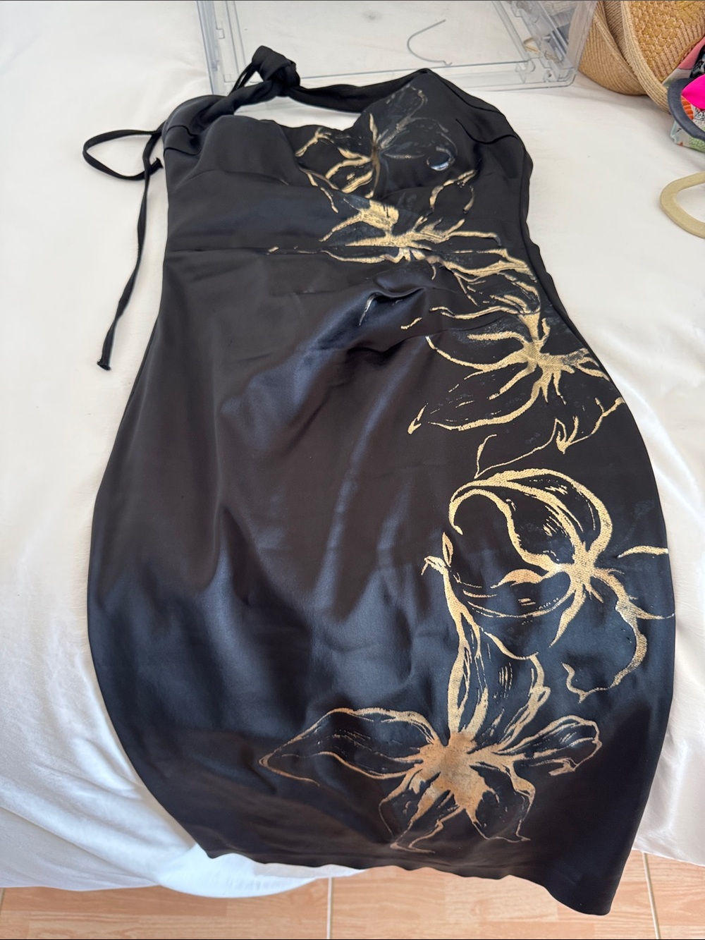 Cache Eliza J Black Halter Mini Dress with Gold Floral Accents